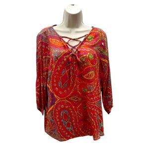 Lauren Ralph Lauren Large Vibrant‎ Paisley 3/4 Sleeve Lined Lace up Boho ChicTop